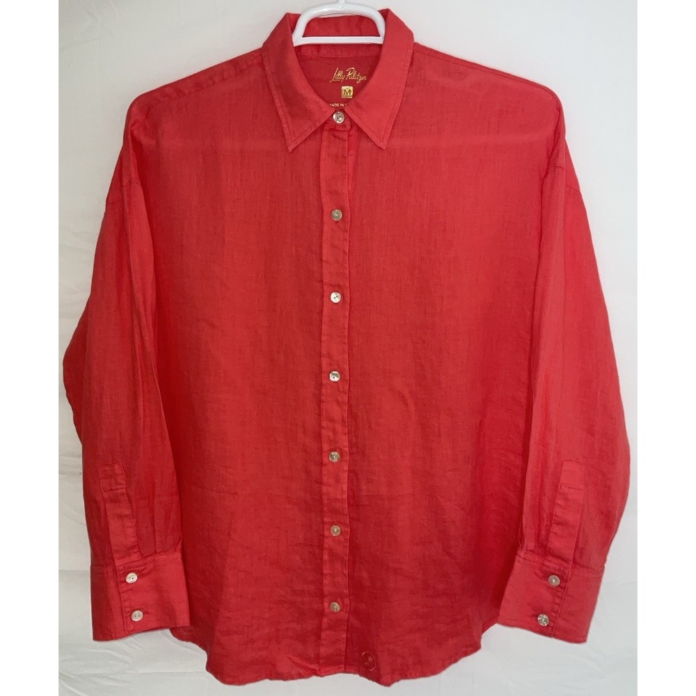 NWOT Women's Lilly Pulitzer Stevey Relaxed Fit Linen Button Shirt Coral Medium